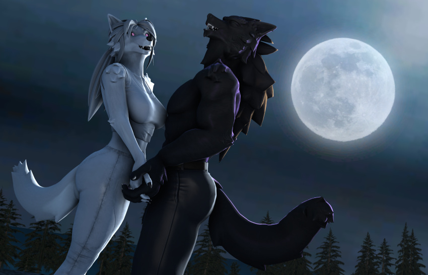 3d_(artwork) black_body black_fur black_sclera canid canine canis clothed clothing digital_media_(artwork) duo eyes_closed female full_moon fur hand_holding hi_res howl humanoid looking_at_another male mammal moon night outside partially_clothed petruz_(copyright) plant smile source_filmmaker tree white_body white_fur wolf wolf_(petruz) wolfikous