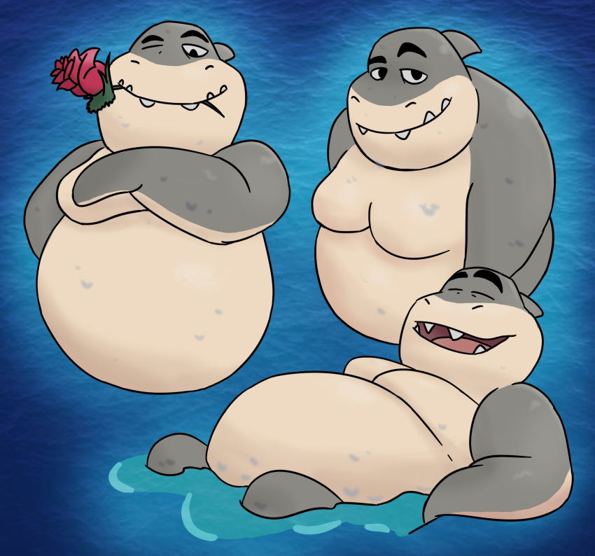 2021 anthro belly dreamworks eyes_closed fish flower flower_in_mouth grey_body hi_res male marine moobs mr._shark_(the_bad_guys) one_eye_closed overweight overweight_male plant rosco_chubz shark solo the_bad_guys wink