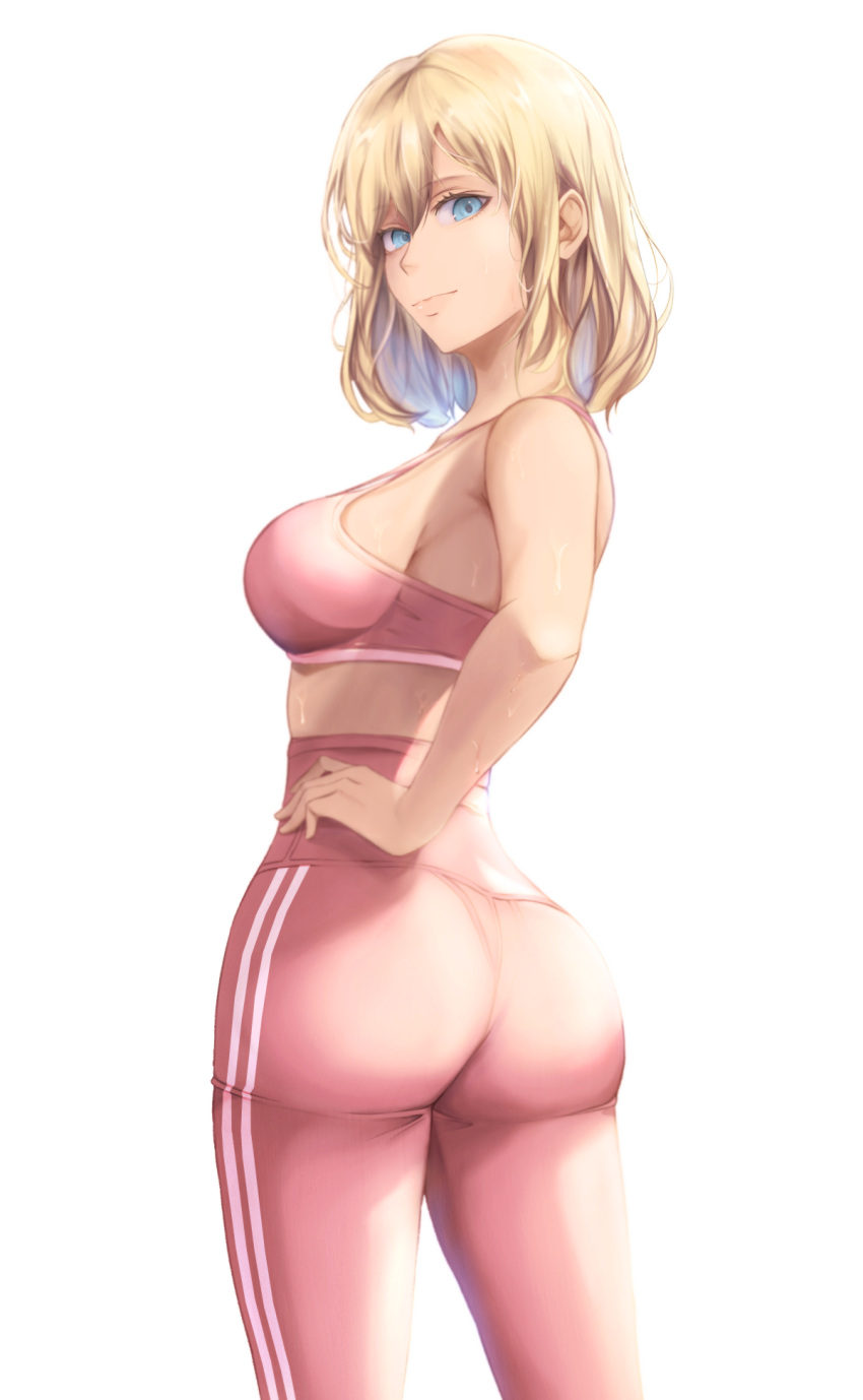 1girl ass back bangs bare_arms bare_shoulders blonde_hair blue_eyes breasts cowboy_shot crop_top from_behind hand_on_hip highres looking_at_viewer looking_back lupaan medium_breasts midriff original pants pink_pants simple_background solo sports_bra standing sweat taut_clothes taut_pants twisted_torso yoga_pants