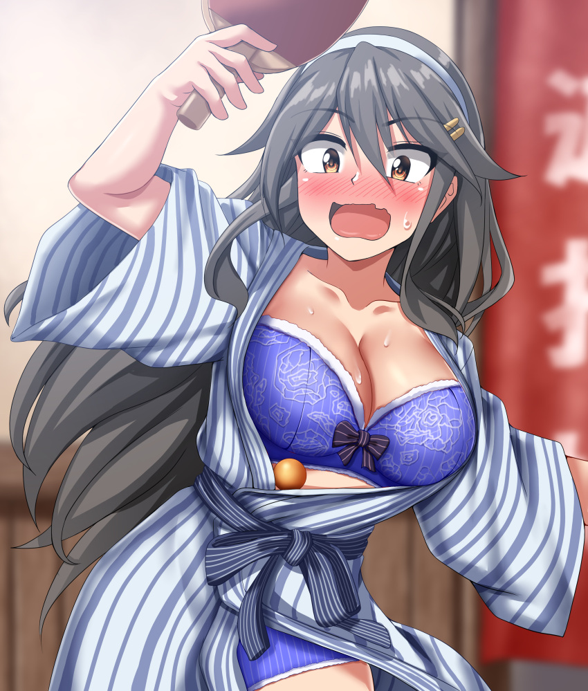 1girl absurdres alternate_costume ball bath_yukata black_hair blue_bra blue_panties bra breasts brown_eyes hairband hanten_(clothes) haruna_(kancolle) highres holding holding_paddle japanese_clothes kantai_collection kimono long_hair medium_breasts paddle panties ryokan solo striped striped_kimono table_tennis table_tennis_ball table_tennis_paddle underwear vertical-striped_kimono vertical_stripes white_hairband yukata zanntetu