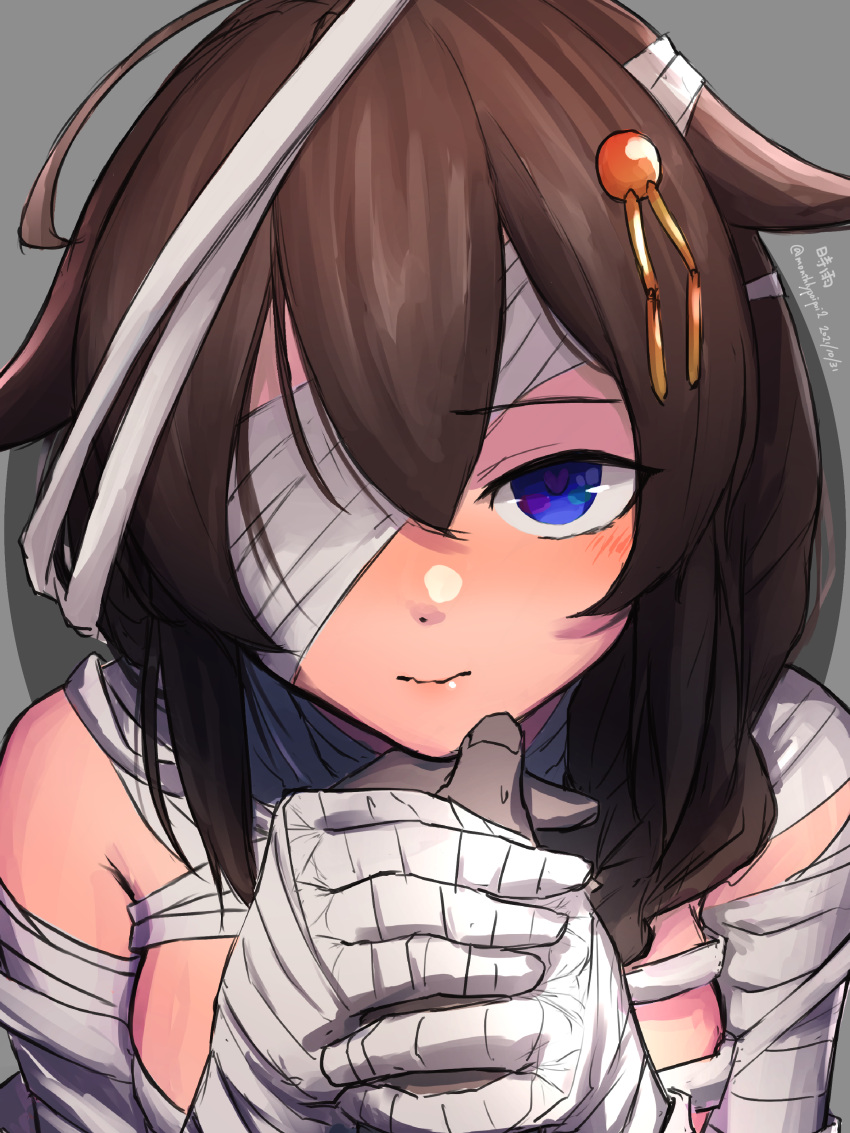 1girl absurdres ahoge bandage_over_one_eye bandaged_arm bandaged_hand bandaged_head bandages blue_eyes braid breasts brown_hair hair_flaps hair_ornament hair_over_shoulder highres holding_hands kantai_collection male_hand medium_breasts remodel_(kantai_collection) shigure_(kancolle) single_braid solo_focus umibudou