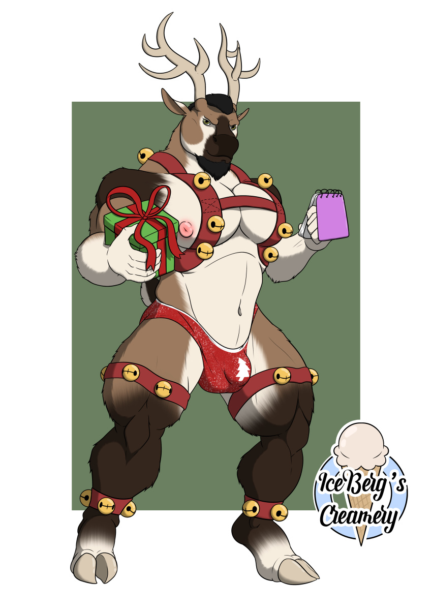 1ceberg absurd_res anthro antlers bell bell_harness big_pecs bulge capreoline cervid christmas clothing gift harness hi_res holidays horn jingle_bell jingle_bell_harness looking_at_viewer male mammal mostly_nude muscular muscular_male nipples notebook pecs reindeer solo standing thong underwear