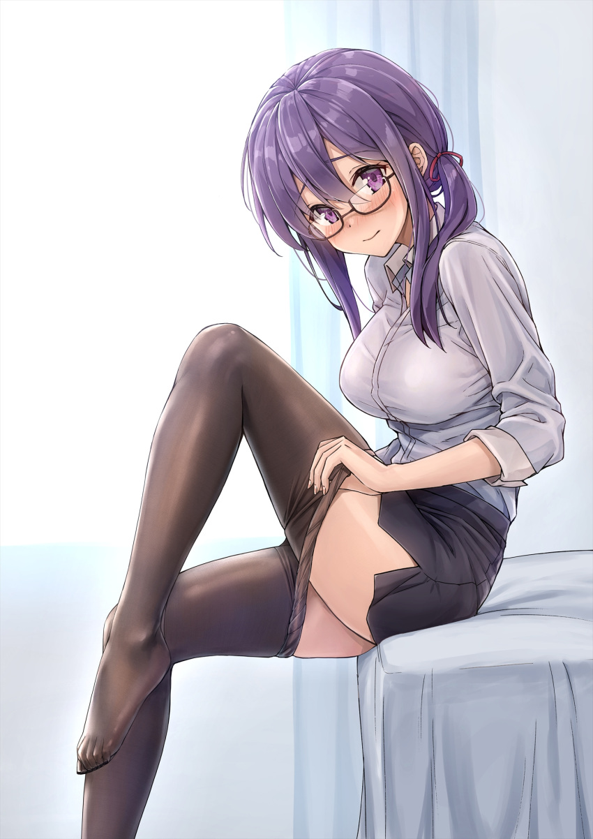 1girl black_legwear black_skirt blush breasts clothes_pull commentary_request glasses hair_between_eyes highres indoors kotatsu_(kotatsu358) large_breasts long_hair looking_at_viewer miniskirt office_lady original pantyhose pantyhose_pull purple_eyes purple_hair reward_available scrunchie shirt side_ponytail sitting skirt smile solo undressing