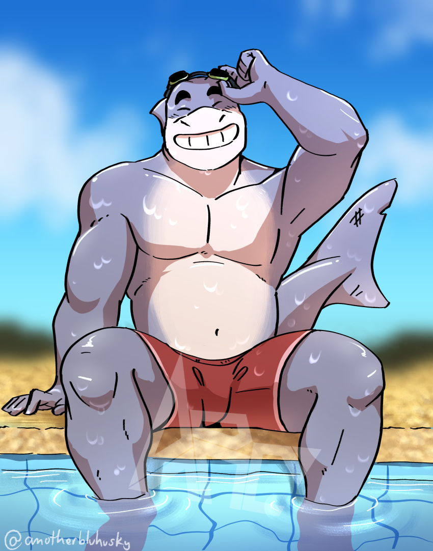 2021 absurd_res anotherbluhusky anthro black_eyebrows clothed clothing digital_drawing_(artwork) digital_media_(artwork) dreamworks eyebrows fin fish grey_body grin hi_res legwear male marine mr._shark_(the_bad_guys) outside pool_(disambiguation) red_clothing red_legwear shark signature sitting sky smile solo swimming_goggles swimming_trunks swimwear tail_fin the_bad_guys topless water watermark white_body