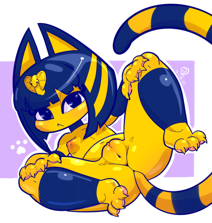 2021 animal_crossing ankha_(animal_crossing) anthro breasts claws felid feline female genitals hair hi_res looking_at_viewer mammal nintendo nipples nude pawpads pussy signature solo spread_eagle spread_legs spreading video_games vixycore