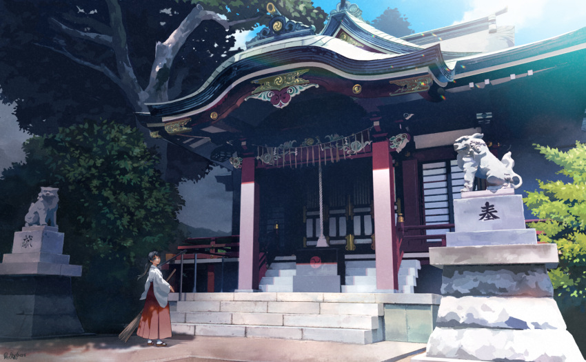 1girl artist_name ay6as bangs black_hair blue_eyes broom cloud commentary dappled_sunlight day hakama hakama_skirt holding holding_broom japanese_clothes kimono komainu long_hair long_sleeves looking_at_viewer looking_back miko open_mouth original outdoors pleated_skirt ponytail red_hakama rope sandals scenery shade shrine skirt socks solo statue sunlight tree white_kimono white_legwear wide_shot wide_sleeves