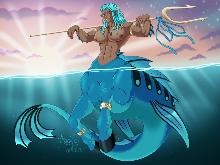 abs anklet bident blue_hair bracelet cloud fin frankly-art hair hooves humanoid humanoid_pointy_ears humanoid_taur ichthyocentaur jewelry long_hair male marine marine_taur markings muscular muscular_male navel nipples paphos_(icaxhu) pecs ribbons sea solo star striped_markings stripes sunrise sunset taur water weapon