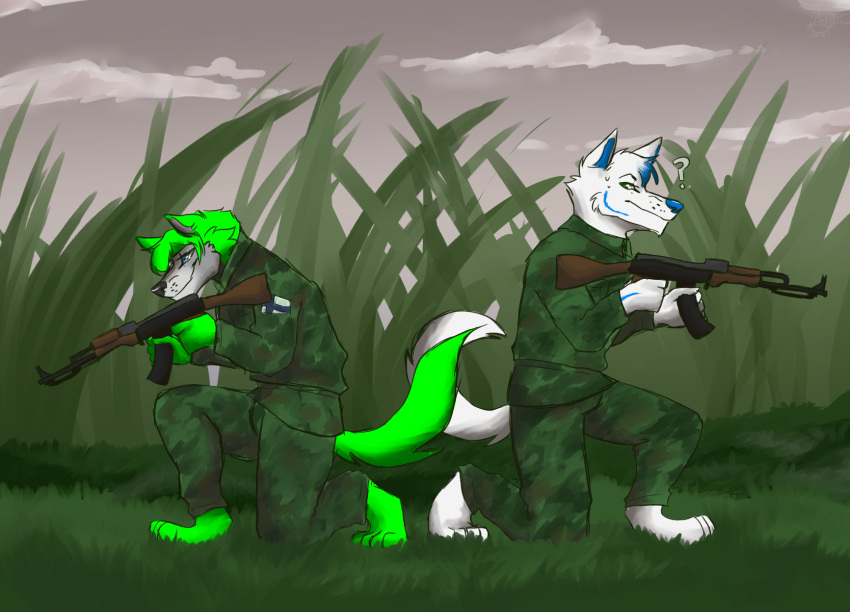 ak_47 andrew_wilwood anthro assault_rifle black_nose blue_body blue_eyes blue_fur blue_nose canid canine canis clothing cole_howler confusion duo ears_up female finnish_flag finnish_military fox fur gradient_body gradient_fur grass_field green_body green_eyes green_fur green_hair green_tail grey_body grey_fur gun hair hi_res holding_object holding_weapon kirbthekirb kneeling luphine_howler male male/female mammal markings military military_uniform ranged_weapon rifle rk_62 smile smirk striped_body striped_fur striped_markings stripes uniform weapon white_body white_fur white_hair white_tail wolf