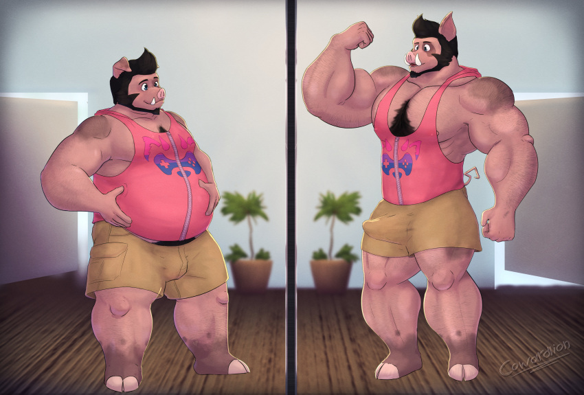 absurd_res altered_reflection big_muscles black_hair bottomwear clothing cowardlion domestic_pig duo flexing hair hand_on_stomach hi_res hooves huge_muscles hyper hyper_muscles male mammal mirror muscular reflection shirt shorts slightly_chubby suid suina sus_(pig) tank_top topwear tusks