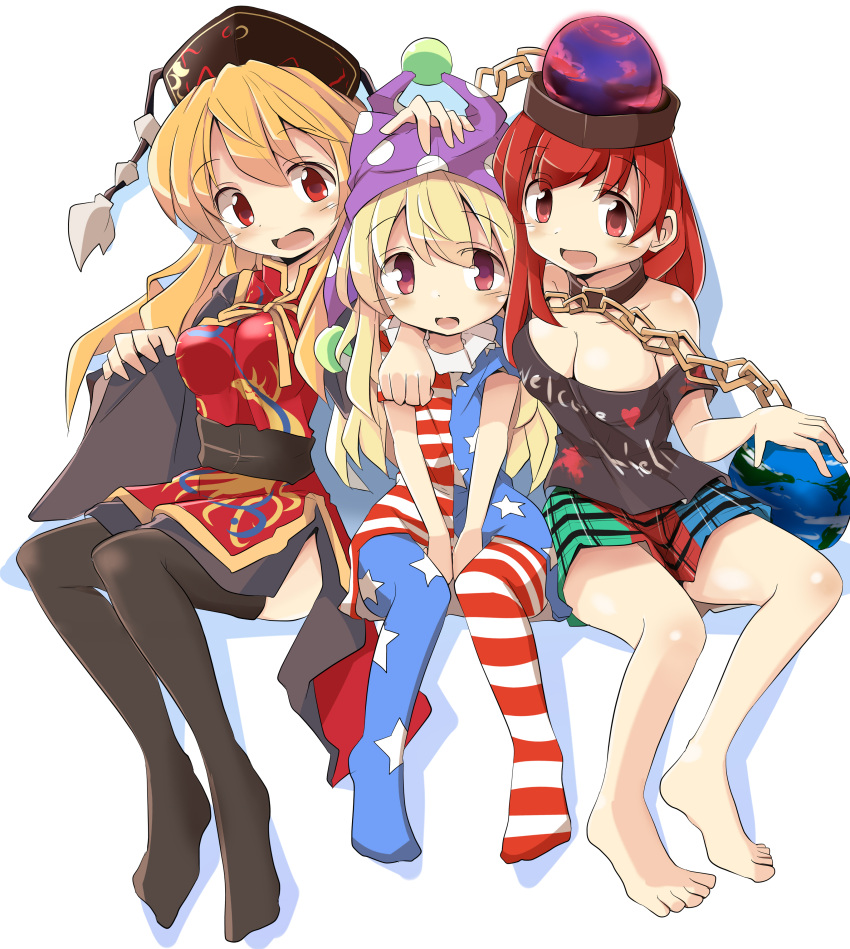 3girls absurdres american_flag_dress american_flag_legwear barefoot black_headwear black_legwear black_shirt blonde_hair blush breasts chain chinese_clothes clownpiece dress earth_(ornament) hat hecatia_lapislazuli highres jester_cap junko_(touhou) large_breasts long_hair mukuroi multiple_girls off-shoulder_shirt off_shoulder open_mouth pantyhose phoenix_crown pink_eyes pleated_skirt polka_dot polos_crown purple_headwear red_dress red_eyes red_hair shirt short_hair simple_background skirt star_(symbol) star_print striped striped_dress striped_legwear t-shirt thighhighs touhou vertical-striped_dress vertical-striped_legwear vertical_stripes white_background