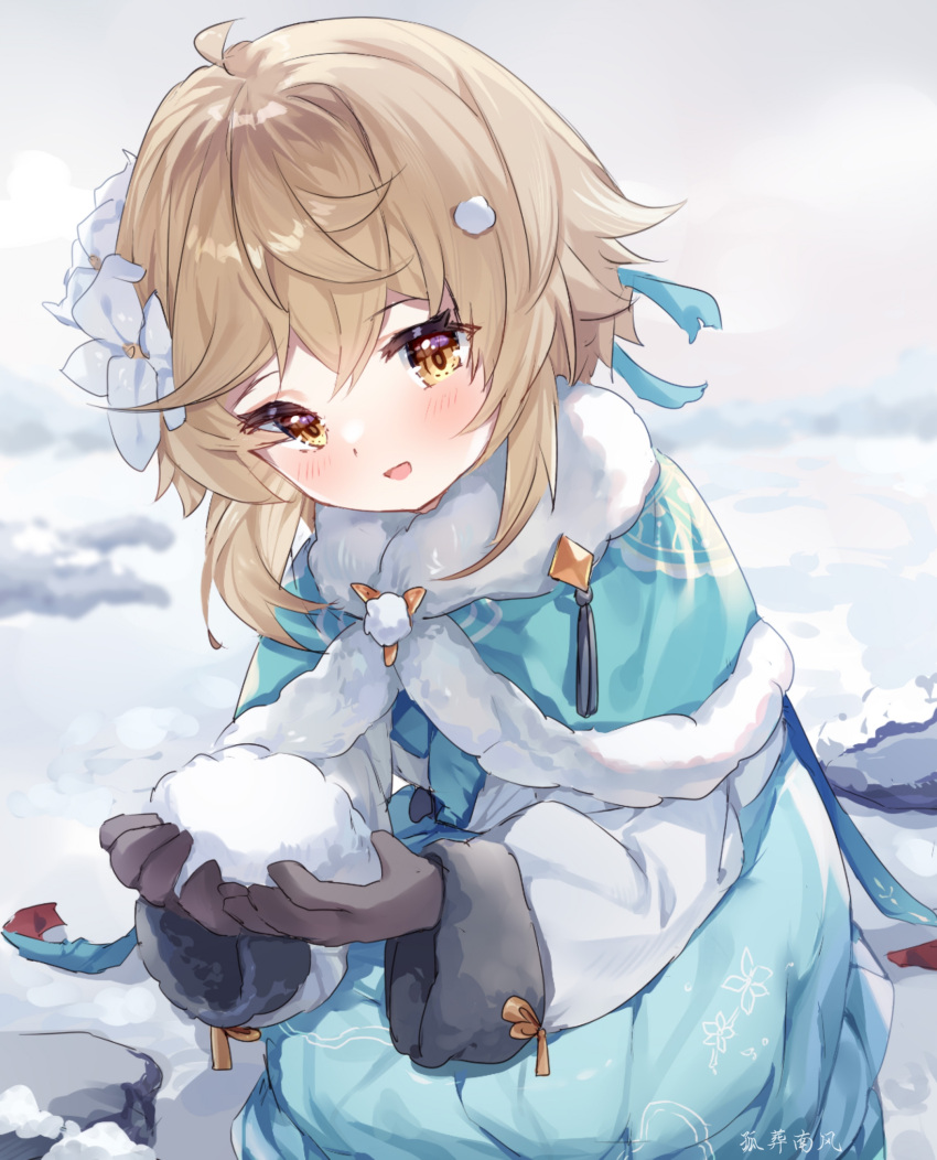 1girl :d absurdres ahoge bangs black_gloves blonde_hair blue_capelet blue_dress blue_ribbon blurry blush brown_hair capelet chinese_clothes cupping_hands dress floral_print flower fur-trimmed_capelet fur-trimmed_sleeves fur_trim genshin_impact gloves guzangnanfeng hair_flower hair_ornament hanfu head_tilt highres holding long_sleeves looking_at_viewer lumine_(genshin_impact) on_ground ribbon rock sidelocks smile snow snow_on_head solo squatting tassel white_flower winter winter_clothes yellow_eyes