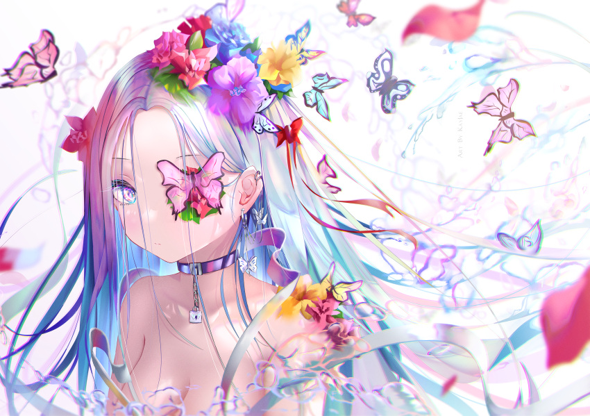 1girl artist_name blue_butterfly blue_flower blue_hair blurry blush breasts bug butterfly cleavage collarbone depth_of_field earrings english_commentary flower flower_over_eye gem grey_hair hair_behind_ear hair_flower hair_ornament hair_ribbon highres jewelry kayjae linked_piercing lock long_hair looking_at_viewer mixed-language_commentary multicolored_hair nude one_eye_covered original padlock padlocked_collar petals piercing pink_butterfly pink_flower pink_hair purple_flower purple_hair red_flower red_ribbon ribbon silver_hair solo straight_hair upper_body water white_background white_hair yellow_flower