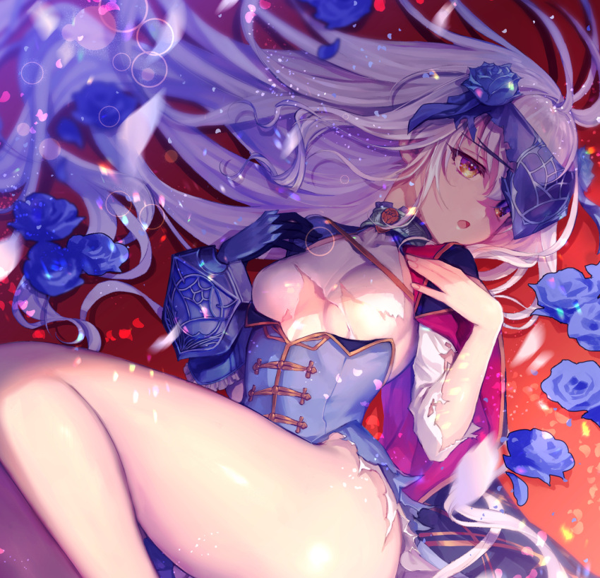 1girl bangs black_gloves blue_dress breasts brown_eyes dress fairy_knight_lancelot_(fate) fate/grand_order fate_(series) flower frills furikawa_arika gloves highres long_hair long_sleeves looking_to_the_side lying open_mouth rose sidelocks small_breasts thighs torn_clothes torn_dress veil white_hair