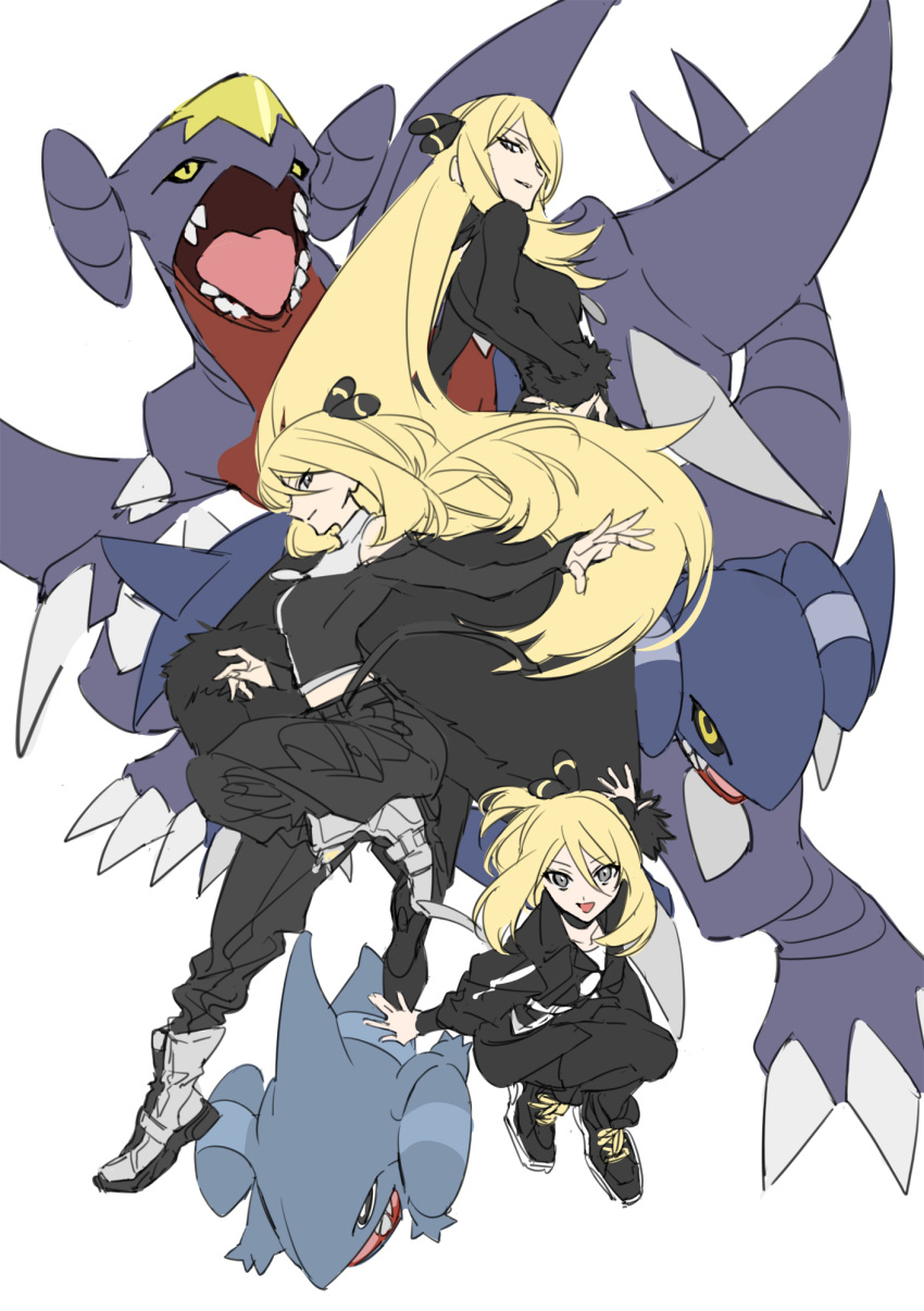 1girl age_progression bangs black_dress black_footwear boots breasts commentary_request cynthia_(pokemon) dress evolution full_body gabite garchomp gible hand_on_hip highres large_breasts long_hair long_sleeves looking_at_viewer open_mouth pokemon pokemon_(creature) pokemon_(game) pokemon_dppt sharp_teeth shoes short_hair sideways_glance simple_background sketch sneakers teeth white_background white_footwear xia_(ryugo) yellow_eyes younger