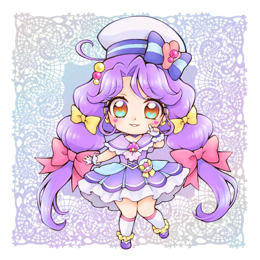 1girl aizen_(syoshiyuki) ankle_cuffs aqua_eyes blue_bow bow bow_earrings brown_eyes chibi choker cure_coral dress earrings facial_mark fingerless_gloves frilled_dress frills full_body gloves hair_bow hat hat_bow heart heart_facial_mark heart_in_eye highres jewelry kneehighs lace_background long_hair looking_at_viewer magical_girl multi-tied_hair multicolored_eyes multiple_hair_bows parted_lips pink_bow pouch precure purple_background purple_choker purple_dress purple_footwear purple_hair purple_theme sailor_hat shoes smile solo standing striped striped_bow suzumura_sango symbol_in_eye tropical-rouge!_precure twintails very_long_hair white_gloves white_headwear white_legwear yellow_bow