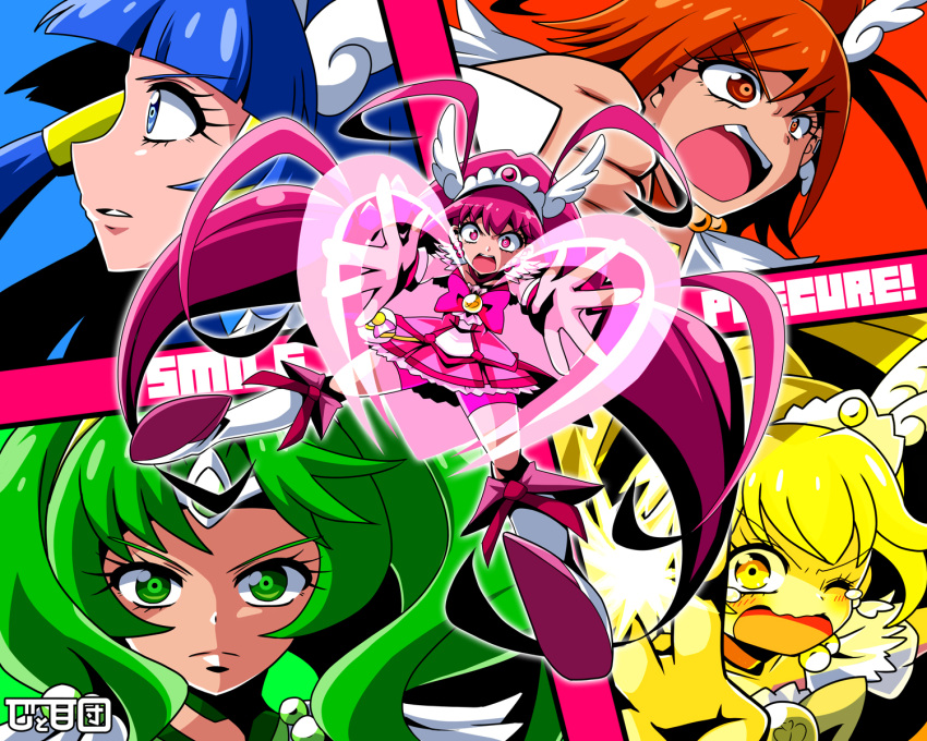 5girls :o ;o angry aoki_reika bike_shorts blonde_hair blue_eyes blue_hair boots bow brooch choker closed_mouth copyright_name cure_beauty cure_happy cure_march cure_peace cure_sunny green_choker green_eyes green_hair hair_ornament hair_tubes heart highres hino_akane_(smile_precure!) hoshizora_miyuki jewelry kise_yayoi knee_boots legs_apart long_hair looking_at_viewer magical_girl midorikawa_nao multiple_girls one_eye_closed orange_choker orange_eyes orange_hair outstretched_arms pink_bow pink_choker pink_eyes pink_hair pink_shorts pink_skirt pouch precure profile serious short_hair shorts shorts_under_skirt skirt smile_precure! soboro_(jitome_dan) split_mouth teeth tiara twintails white_footwear yellow_choker yellow_eyes