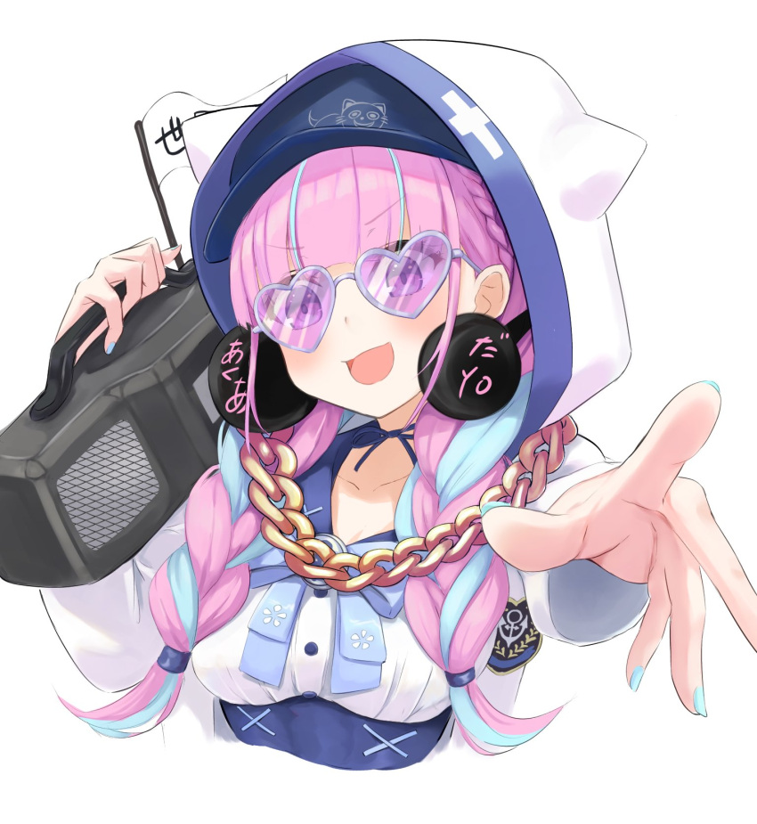 1girl anchor_symbol aqua_hair aqua_nails bangs blunt_bangs boombox braid breasts chain_necklace flag hat headphones heart heart-shaped_eyewear highres hololive hood hoodie izu_(tea_value_lord) medium_breasts minato_aqua multicolored_hair neko_(minato_aqua) pink_hair solo sunglasses twin_braids two-tone_hair upper_body virtual_youtuber