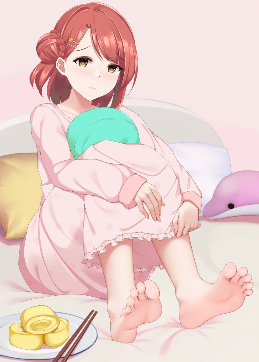 absurdres bangs barefoot blunt_bangs braid braided_bun feet hair_ornament hairpin half_updo highres kuroshiro_no_tsubasa love_live! love_live!_nijigasaki_high_school_idol_club medium_hair on_bed orange_hair pajamas pillow pink_hair side_bun soles swept_bangs toes uehara_ayumu yellow_eyes