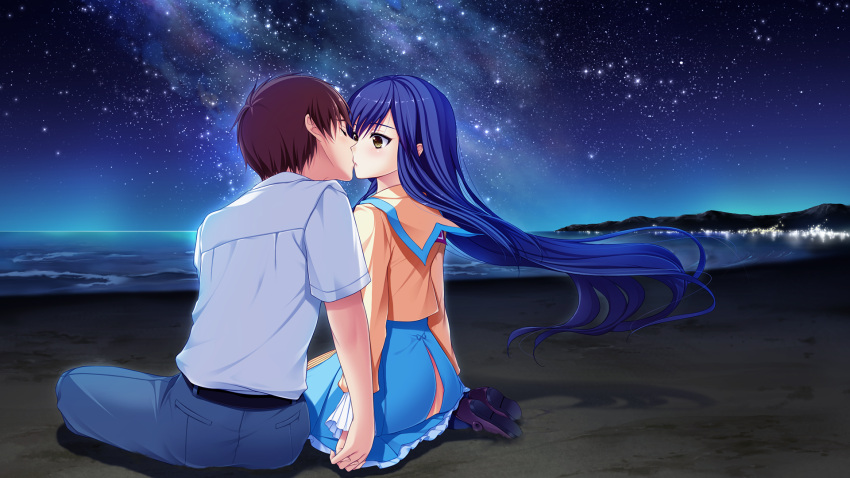 1boy 1girl beach belt black_belt blue_hair blue_legwear blue_skirt brown_eyes brown_hair collared_shirt couple floating_hair flower from_behind game_cg grey_pants hetero highres hino_ryousuke holding_hands hoshi_ori_yume_mirai iizuki_tasuku interlocked_fingers kiss long_hair long_sleeves looking_at_another narusawa_rikka night orange_sailor_collar orange_shirt pants purple_flower sailor_collar sailor_shirt shiny shiny_hair shirt short_hair short_sleeves sitting skirt sky star_(sky) starry_sky very_long_hair white_shirt