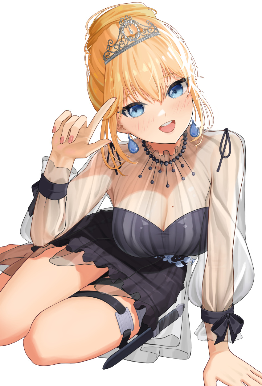 1girl absurdres bangom_r blonde_hair blue_eyes breasts dress earrings eyebrows_visible_through_hair highres hololive hololive_english holomyth jewelry large_breasts nail_polish open_mouth sheer_clothes thigh_strap thighs tiara virtual_youtuber watson_amelia white_background