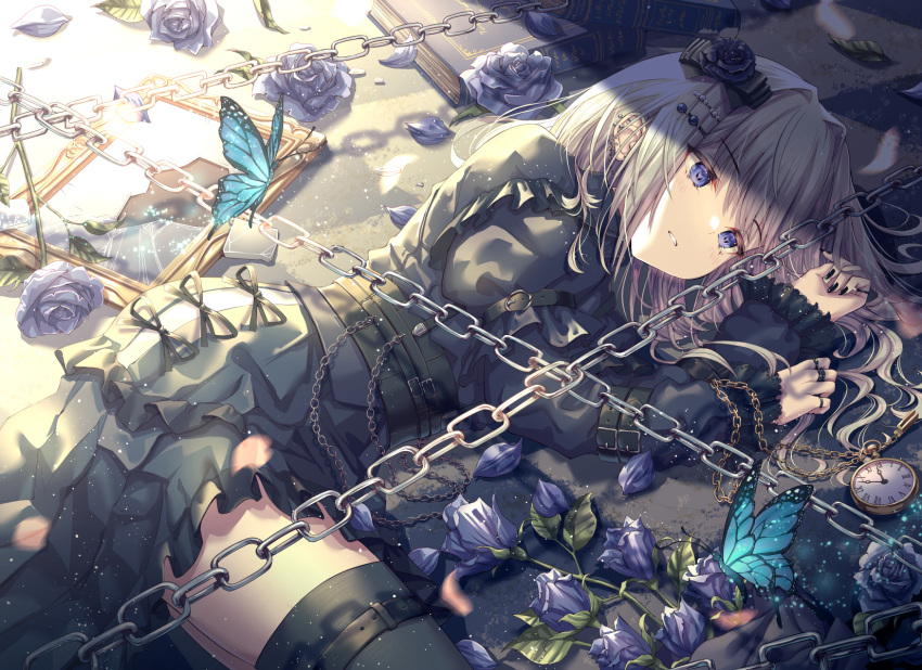 1girl bangs belt black_belt black_dress black_legwear black_nails blue_butterfly blue_eyes blue_flower blue_rose broken_glass bug butterfly chain commentary dress eyebrows_visible_through_hair flower glass hair_ornament hairclip highres hirokazu_(analysis-depth) jewelry layered_sleeves leaf light_blush light_particles long_hair long_sleeves looking_away multiple_rings nail_polish original parted_lips petals picture_frame puffy_short_sleeves puffy_sleeves ring rose short_over_long_sleeves short_sleeves silver_hair solo sunlight thighhighs