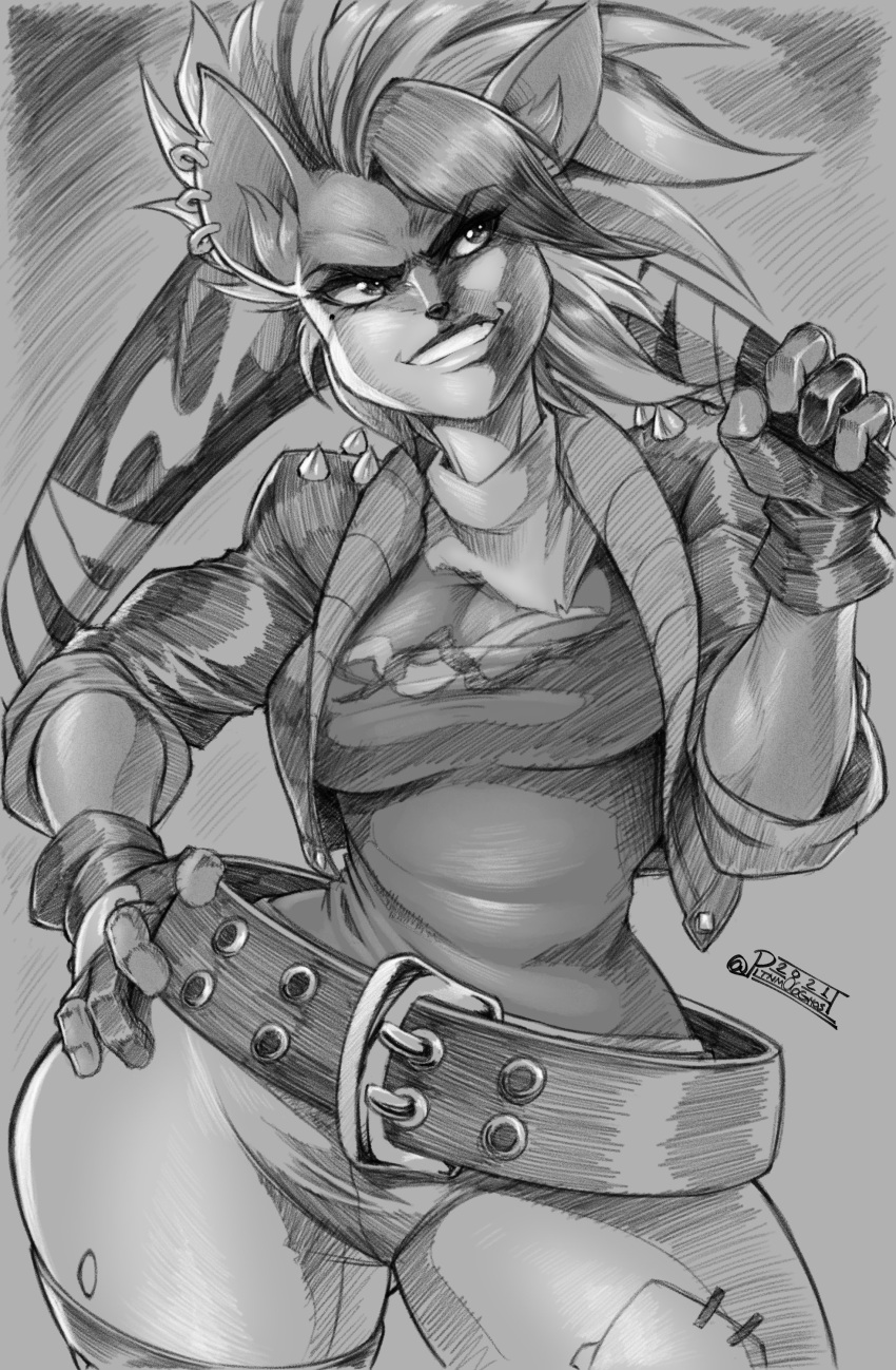 2021 absurd_res activision anthro bandanna bandicoot belt boomerang clothing crash_bandicoot_(series) female fingerless_gloves gloves greyscale hand_on_hip handwear hi_res kerchief mammal marsupial monochrome pirate_tawna pltnm06ghost solo video_games wide_hips