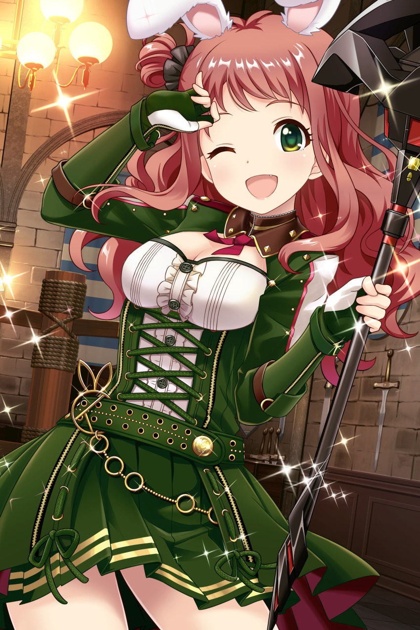 1girl absurdres agatsuma_ren alternative_girls animal_ears breasts choker cleavage eyebrows_visible_through_hair green_eyes green_skirt hair_ornament highres holding holding_weapon indoors long_hair long_sleeves looking_at_viewer official_art one_eye_closed open_mouth rabbit_ears red_hair skirt smile solo sword wall weapon