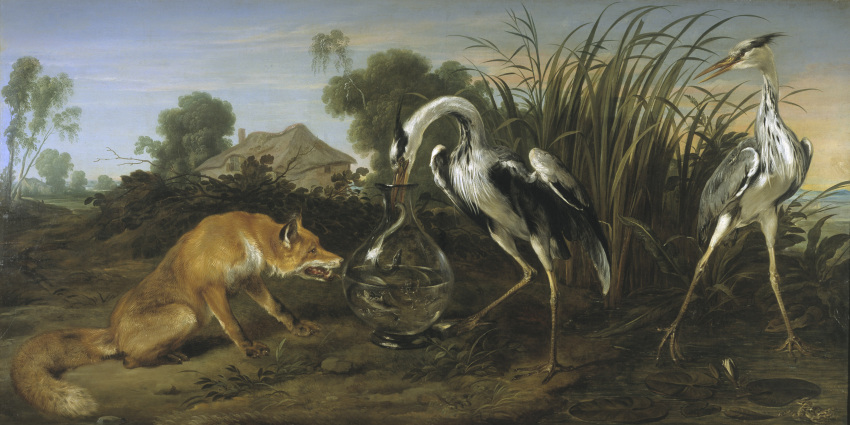 17th_century absurd_res ambiguous_gender amphibian ancient_furry_art avian beak biped bird brown_body brown_fur building canid canine container detailed_background feathered_wings feathers feral fox frans_snyders frog fur glass glass_container group heron hi_res house licking mammal nude oil_painting_(artwork) open_beak open_mouth outside painting_(artwork) pelecaniform plant public_domain quadruped red_fox sky teeth the_fox_and_the_crane tongue tongue_out traditional_media_(artwork) tree water white_body white_feathers wings