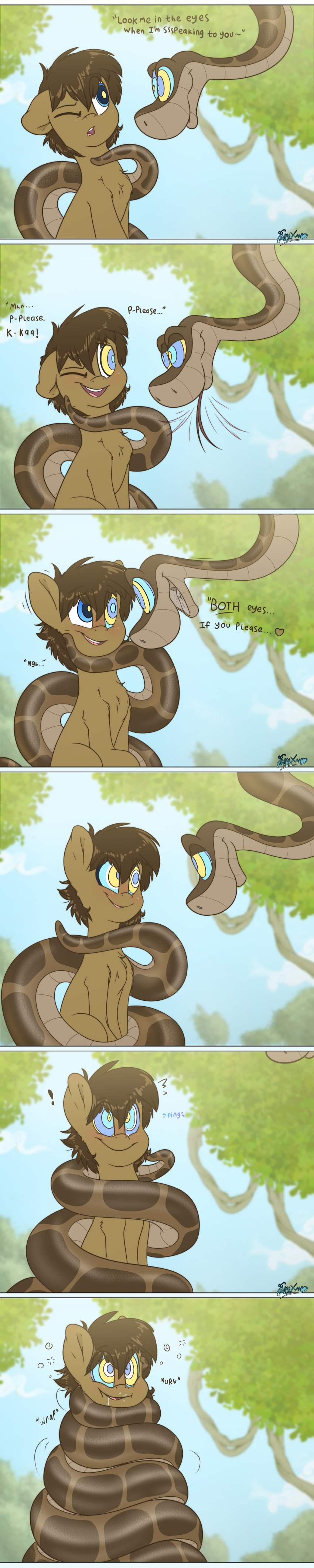 &lt;3 absurd_res coiled_up coiling comic dialogue english_text equid equine fan_character fluffyxai forked_tongue hasbro hi_res horse hypnosis hypnotic_eyes kaa_(jungle_book) long_image mammal mind_control my_little_pony pony reptile scalie snake spirit_wind tall_image text the_jungle_book tongue