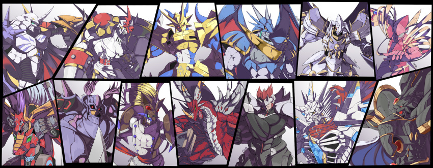 alphamon armor artist_name black_border blonde_hair blue_eyes border brown_hair cape commentary covered_eyes craniummon digimon digimon_(creature) dragon dragon_horns duftmon dukemon dynasmon examon fangs gankoomon glowing glowing_eyes green_eyes highres holding holding_polearm holding_shield holding_weapon horns jesmon looking_at_viewer lordknightmon magnamon mecha no_humans omegamon pink_eyes polearm purple_hair red_cape red_eyes ryo@ shield sleipmon ulforcevdramon upper_body weapon white_cape yellow_eyes