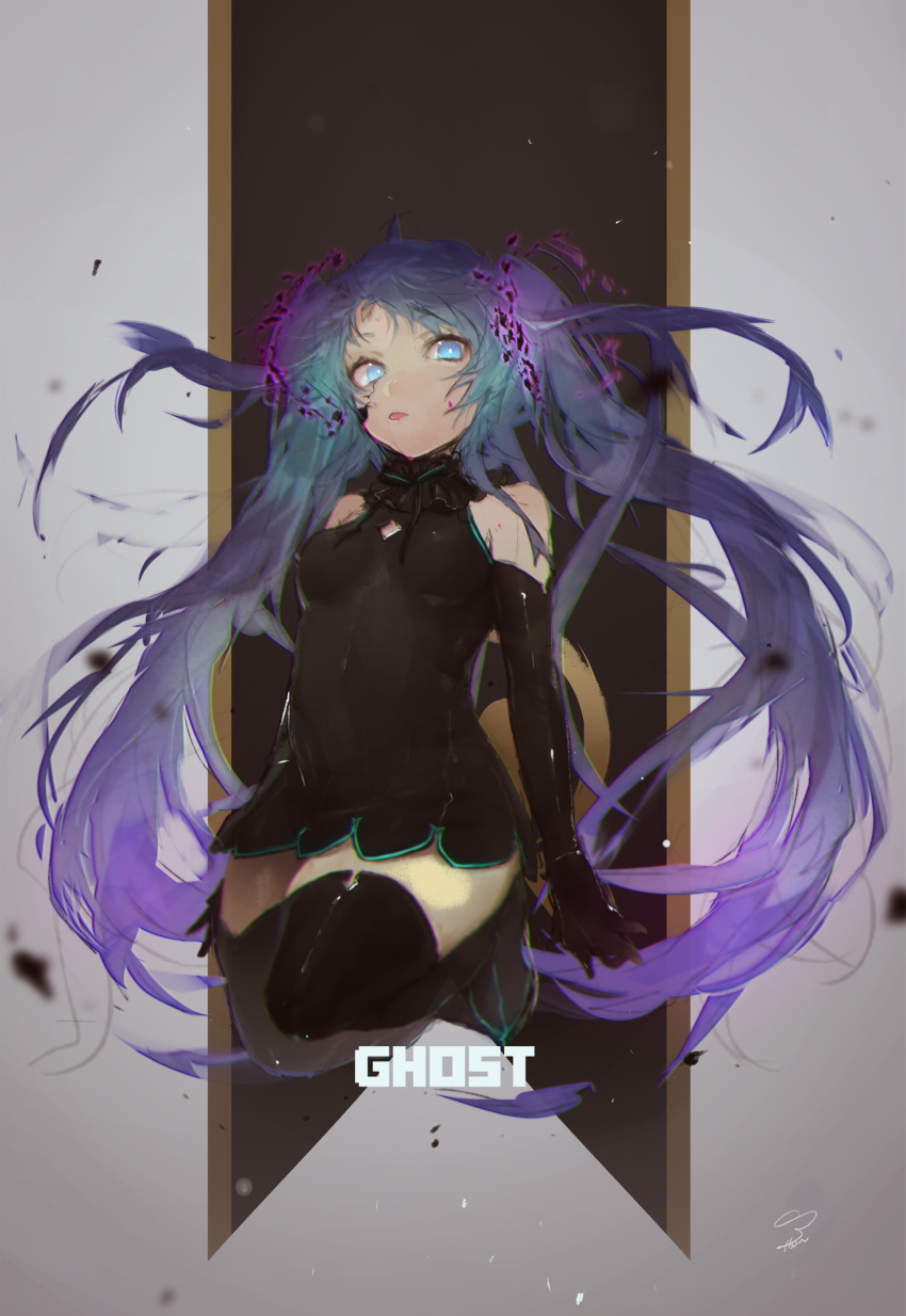 1girl alternate_costume aqua_hair bare_shoulders black_choker black_dress black_footwear black_gloves black_legwear blood blue_eyes boots breasts bright_pupils choker crack cracked_skin disintegration dress elbow_gloves floating_hair frilled_choker frills full_body ghost_rule_(vocaloid) gloves glowing glowing_eyes gradient gradient_background gradient_hair halter_dress halterneck hassan_(sink916) hatsune_miku highres long_hair looking_at_viewer multicolored_hair pink_blood purple_hair ribbon sleeveless sleeveless_dress small_breasts solo thigh_boots thighhighs tongue tongue_out twintails very_long_hair vocaloid zettai_ryouiki