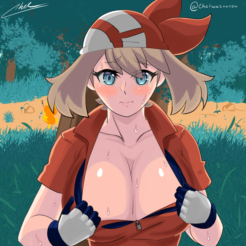 1girl absurdres bandana bangs blue_eyes blush breasts brown_hair cleavage collarbone collared_shirt eyebrows_visible_through_hair eyelashes forest gloves highres large_breasts may_(pokemon) nature open_collar outdoors pokemon red_uniform shirt signature sportswear sweat trashpcs undressing unzipping