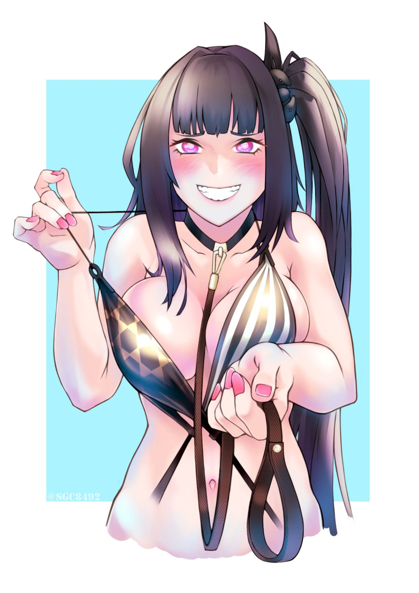 1girl absurdres architect_(girls'_frontline) bangs bare_shoulders bikini_pull black_hair blunt_bangs blush breasts clothes_pull collar collarbone girls'_frontline giving grin highres holding holding_leash large_breasts leash looking_at_viewer navel pink_eyes pink_nails pov sangvis_ferri side_ponytail sidelocks smile solo sugac