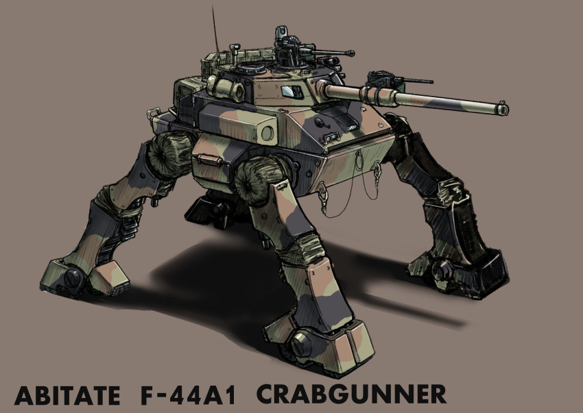 abitate_f44a_crab_gunner blackmore_rainbow brown_background camouflage character_name gun highres mecha no_humans shadow standing taiyou_no_kiba_dougram weapon