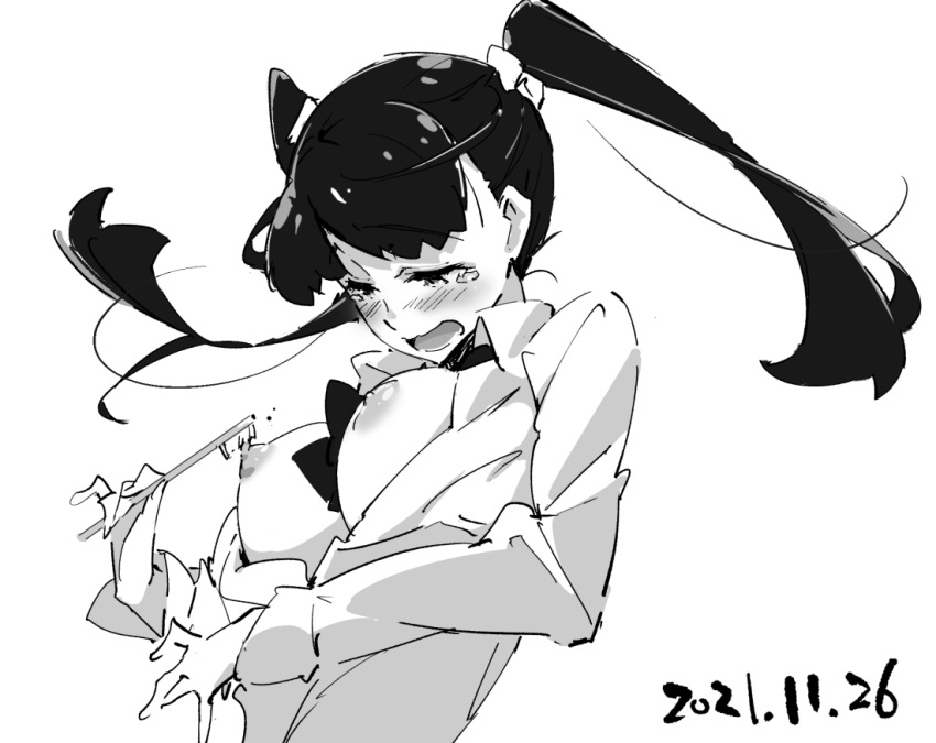 1girl blush bow bowtie breasts breasts_outside dated greyscale holding holding_toothbrush long_sleeves looking_down monochrome nipples open_clothes open_mouth open_shirt original school_uniform simple_background solo tabata_hisayuki tears toothbrush twintails upper_body white_background