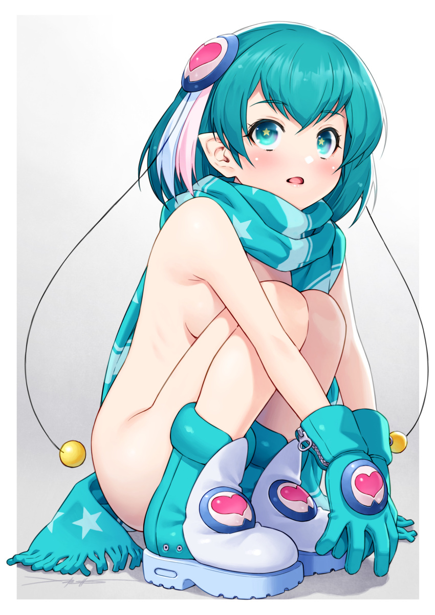 1girl absurdres aqua_eyes aqua_hair bangs blue_eyes blue_gloves blue_hair blush boots breasts commentary_request eyebrows_visible_through_hair full_body gloves hagoromo_lala highres kazuma_muramasa looking_at_viewer naked_scarf nude open_mouth precure scarf shiny shiny_hair shiny_skin short_hair small_breasts solo star-shaped_pupils star_(symbol) star_twinkle_precure symbol-shaped_pupils tail white_background