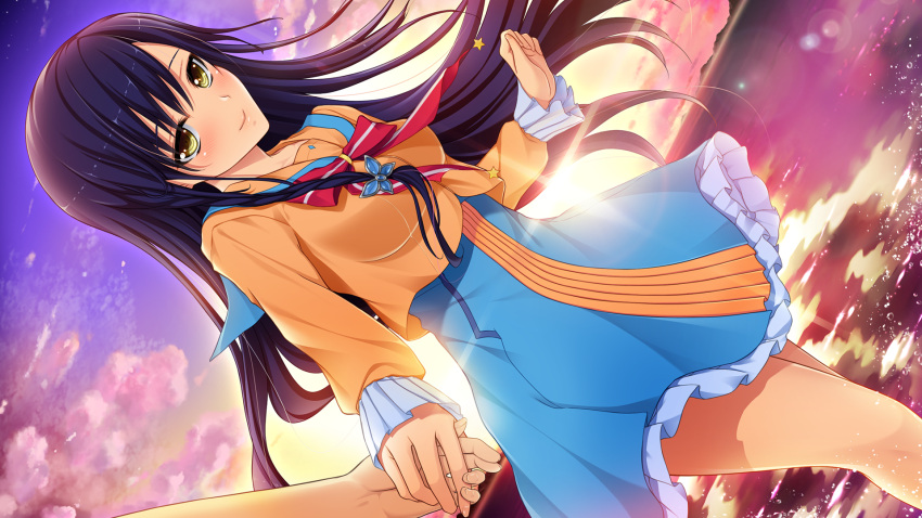 1girl bangs blue_hair blue_sailor_collar blue_skirt bow bowtie closed_mouth cloud collarbone floating_hair game_cg hair_between_eyes high-waist_skirt highres holding_hands hoshi_ori_yume_mirai iizuki_tasuku long_hair long_sleeves looking_at_viewer miniskirt narusawa_rikka orange_shirt outdoors purple_sky red_bow red_neckwear sailor_collar sailor_shirt shiny shiny_hair shirt skirt smile solo_focus straight_hair sunset very_long_hair yellow_eyes