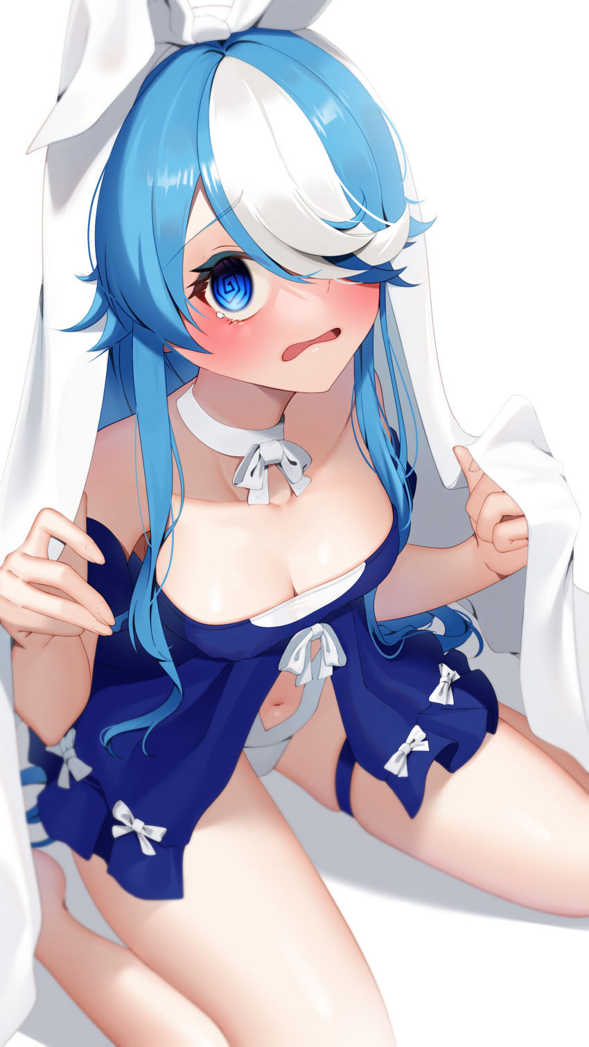 1girl @_@ absurdres azur_lane bare_shoulders barefoot blanket blue_eyes blue_hair blush bow breasts choker cleavage clothing_cutout collarbone commentary_request dutch_angle eyebrows_visible_through_hair eyelashes from_above hair_bow hair_over_one_eye highres leg_strap legs_apart lingerie looking_at_viewer maille-breze_(azur_lane) maille-breze_(the_noble_knight's_last_stand)_(azur_lane) multicolored_hair navel navel_cutout open_mouth ribbon ribbon_choker seele0907 simple_background sitting small_breasts solo streaked_hair tearing_up underwear wariza wavy_mouth white_background white_bow white_hair white_ribbon