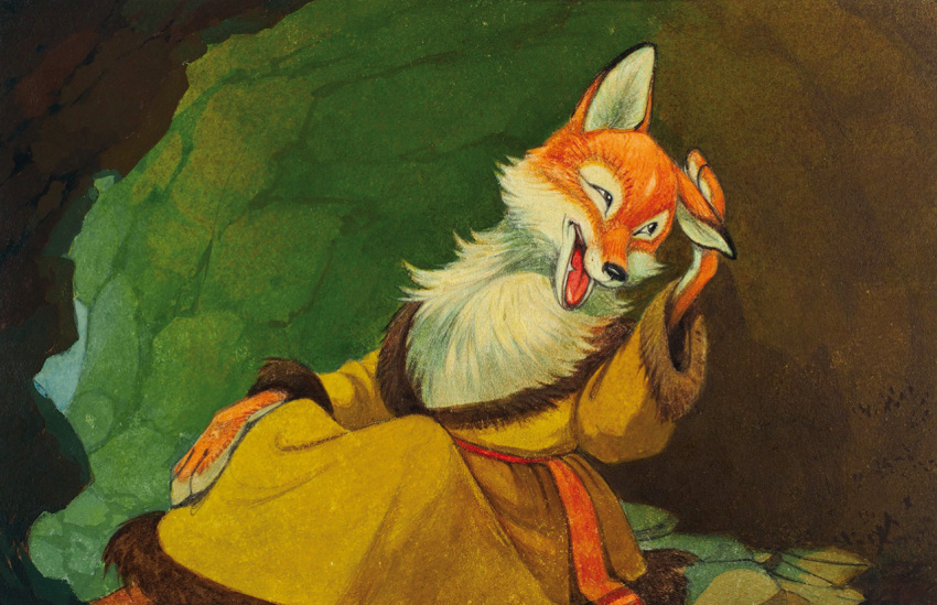 1955 20th_century ancient_furry_art anthro biped black_nose canid canine cave cheek_tuft chest_tuft clothed clothing facial_tuft fox fur handpaw mammal open_mouth orange_body orange_fur paws pyotr_repkin red_fox solo tuft white_body white_fur