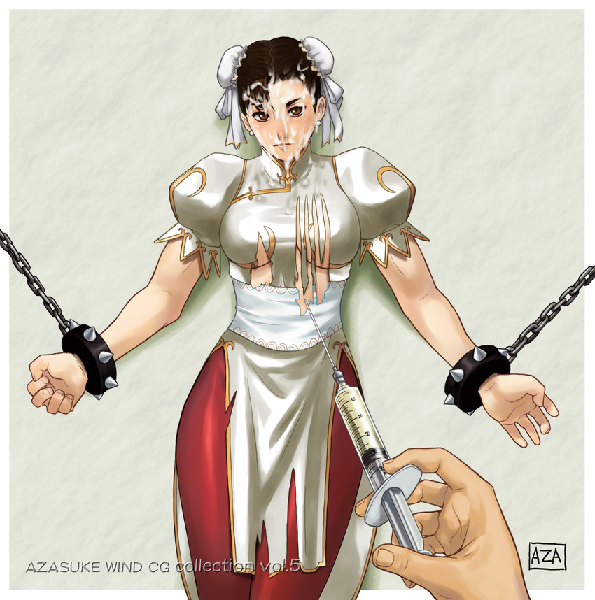 1girl azasuke bracelet capcom chained chains chun-li cum double_bun double_buns facial highres jewelry spiked_bracelet spikes street_fighter torn_clothes