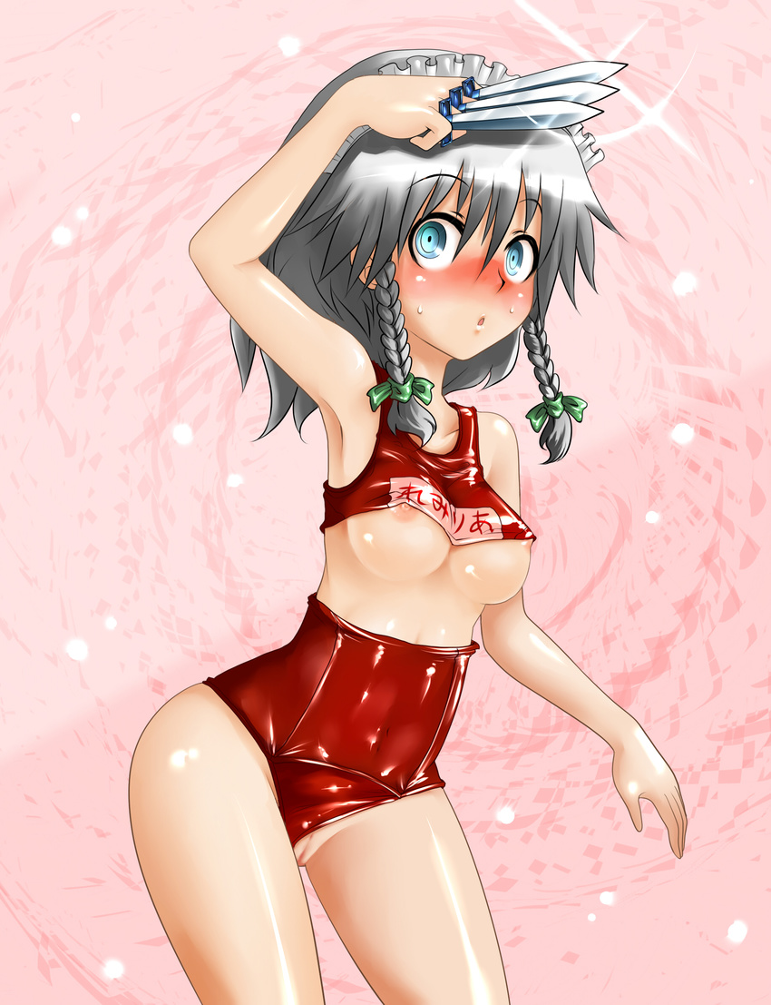 alternate_color_school_swimsuit blue_eyes blush braid breasts face harusame_(unmei_no_ikasumi) highres izayoi_sakuya knife maid maid_headdress medium_breasts name_tag nipples pussy red_swimsuit school_swimsuit short_hair silver_hair solo swimsuit swimsuit_aside touhou twin_braids undersized_clothes