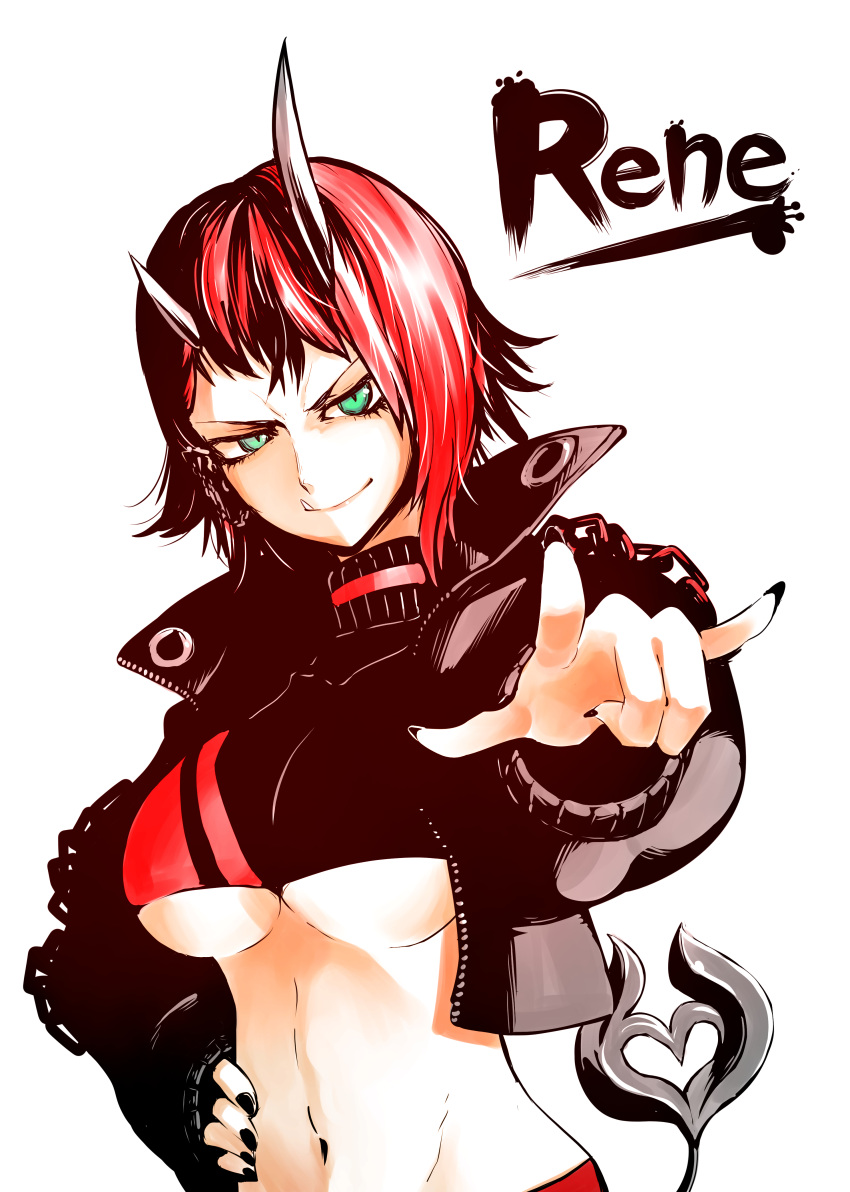 1girl \n/ absurdres bangs black_hair black_jacket black_nails black_sports_bra breasts chain character_name closed_mouth commentary_request cropped_jacket demon_girl demon_horns demon_tail engacyo_(engacyo39800yen) green_eyes hand_on_hip highres horns jacket large_breasts looking_at_viewer midriff multicolored_hair nail_polish navel open_clothes open_jacket pointing pointing_at_viewer pointy_ears red_hair red_sports_bra ryugasaki_rene short_hair simple_background smile solo sports_bra sugar_lyric tail two-tone_hair underboob upper_body virtual_youtuber white_background zipper