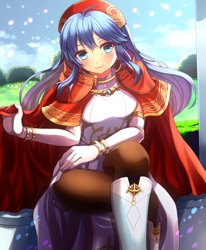 1girl alternate_costume black_legwear blue_eyes blue_hair cape crossed_legs dress elbow_gloves fire_emblem fire_emblem:_the_binding_blade fire_emblem_heroes gloves gold gold_bracelet gold_necklace gold_trim headband highres jewelry lilina_(fire_emblem) long_hair necklace official_alternate_costume pantyhose red_cape red_headband sitting solo white_dress white_footwear white_gloves yozu_(yozu0420)