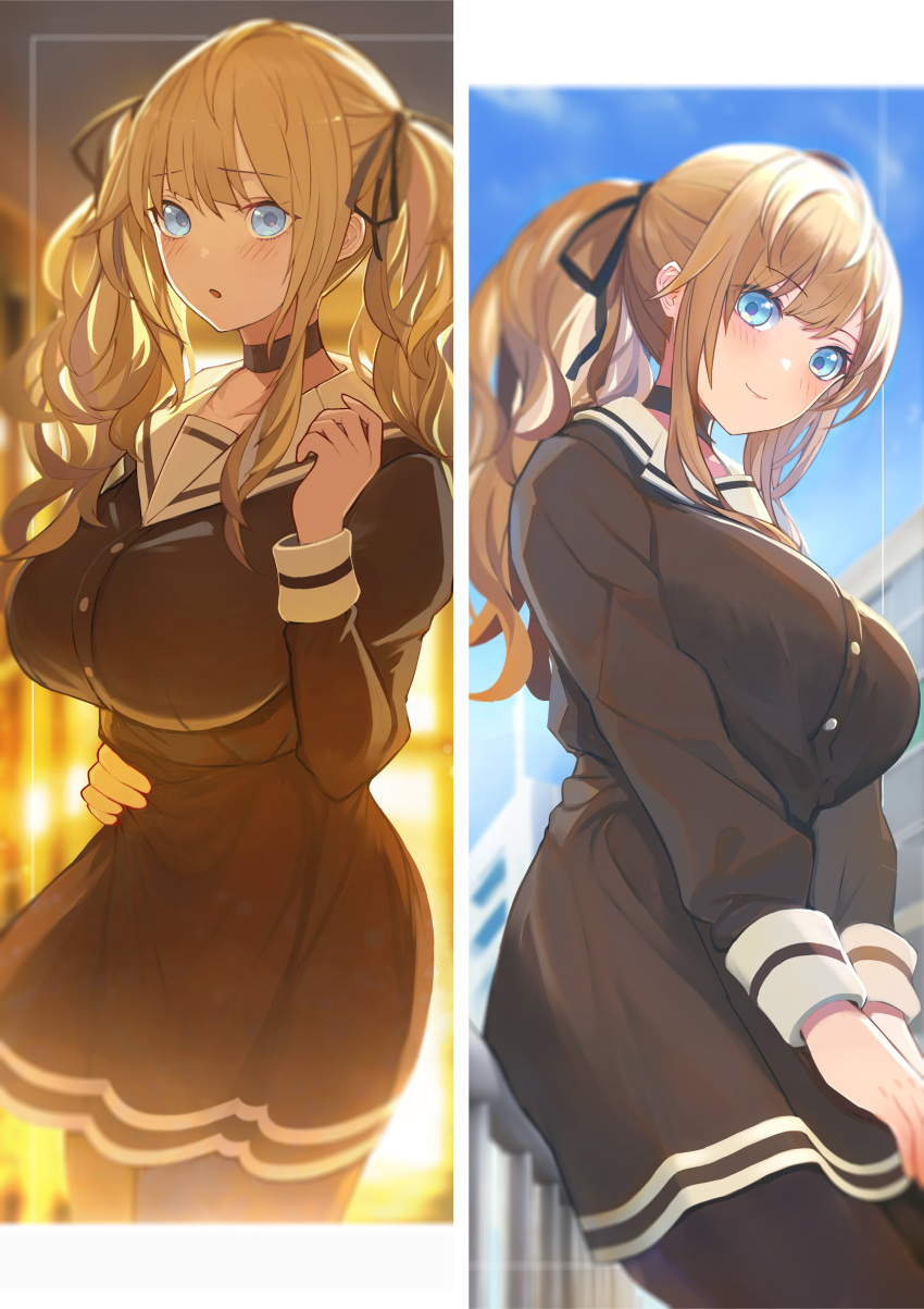 1girl blonde_hair blue_eyes blush breasts choker eyebrows_visible_through_hair hair_ribbon highres large_breasts looking_at_viewer multiple_views open_mouth original outdoors ponytail pupps ribbon school_uniform serafuku skirt smile twintails