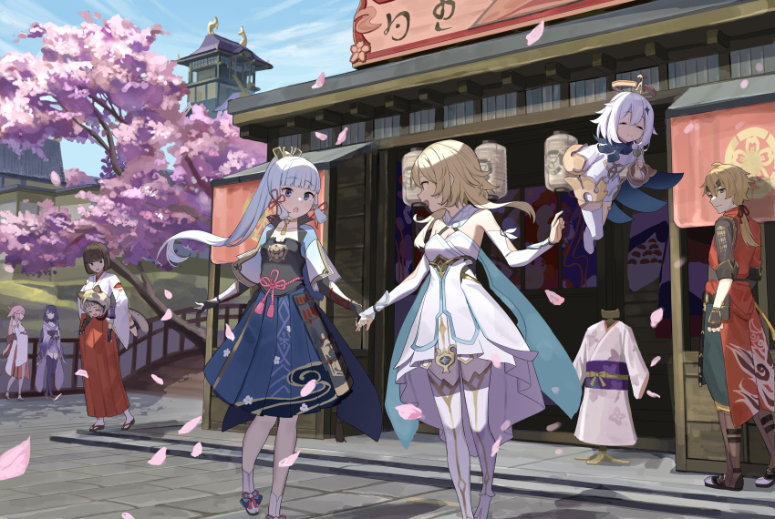 1boy 6+girls :o ^_^ absurdres animal_ears armor blue_sky boots breastplate bug building carrying cherry_blossoms closed_eyes day dress fairy fingerless_gloves firefly full_body genshin_impact gloves hair_ornament halo highres holding_hands hood hoodie japanese_clothes kamisato_ayaka kimono long_sleeves looking_at_another low_ponytail lumine_(genshin_impact) miko multiple_girls open_mouth outdoors paimon_(genshin_impact) petals ponytail raccoon_ears raiden_shogun sayu_(genshin_impact) scenery sen_(sennosenn1127) side_ponytail sky slippers smile standing thighhighs thoma_(genshin_impact) town tree walking white_dress white_legwear wide_sleeves yae_(genshin_impact) yuri