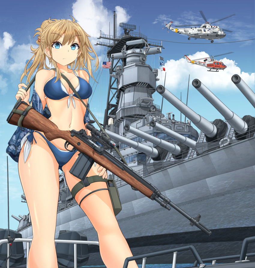 1girl absurdres aircraft american_flag bangs battle_rifle battleship bikini blonde_hair blue_bikini blue_eyes blue_jacket blue_sky breasts camouflage camouflage_jacket carrying closed_mouth cloud cloudy_sky day eyebrows_visible_through_hair folded_ponytail front-tie_bikini front-tie_top gun hand_on_own_thigh helicopter highres jacket light_frown m14 medium_breasts medium_hair mikeran_(mikelan) military military_vehicle motion_blur multi-strapped_bikini navel ocean off_shoulder open_clothes open_jacket original outdoors rifle scope ship side-tie_bikini sky sling smoke solo swimsuit thigh_pouch thigh_strap united_states_navy vehicle_request warship watercraft weapon