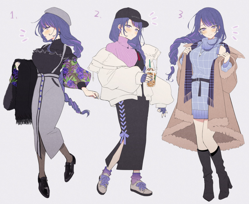 1girl alternate_costume bangs blouse blunt_bangs blush braid braided_ponytail breasts brown_jacket cabbie_hat coat commentary contemporary cup dega1028 dress drinking_straw earrings eyebrows_visible_through_hair fashion fingerless_gloves flat_cap floral_print full_body genshin_impact gloves hat high_heels highres jacket jewelry large_breasts long_hair long_skirt looking_at_viewer nail_polish numbered pantyhose purple_eyes purple_hair purple_legwear purple_sweater raiden_shogun ribbed_sweater scarf shoes simple_background skirt smile solo sweater turtleneck turtleneck_sweater very_long_hair white_coat winter_clothes