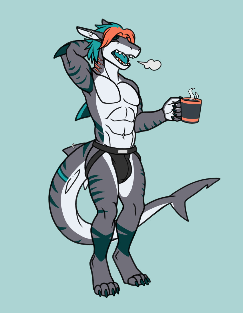 absurd_res anthro beverage blue_background blue_hair blue_tongue bulge clothed clothing coffee fish grey_body hair hi_res jockstrap koki_(skunkhotel) male marine multicolored_hair open_mouth orange_hair pecs shark sharkiedude simple_background solo tongue topless underwear yawn