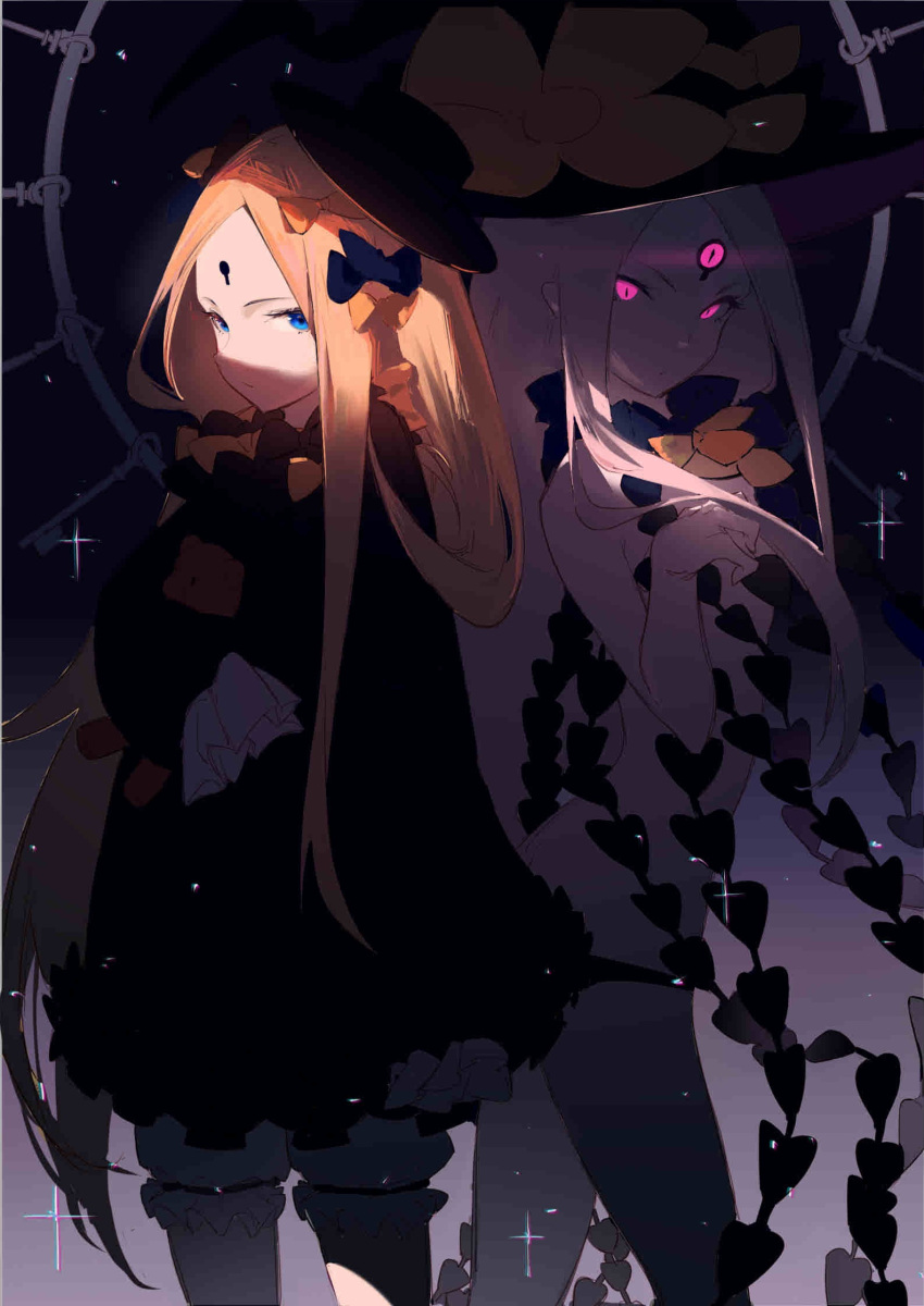 2girls abigail_williams_(fate) bangs bare_shoulders black_bow black_dress black_headwear black_panties blonde_hair bloomers blue_eyes bow breasts colored_skin dress dual_persona fate/grand_order fate_(series) forehead glowing glowing_eyes hair_bow hat highres keyhole long_hair long_sleeves looking_at_viewer minanb multiple_bows multiple_girls navel orange_bow panties parted_bangs pink_eyes polka_dot polka_dot_bow red_eyes ribbed_dress sleeves_past_fingers sleeves_past_wrists small_breasts sparkle stuffed_animal stuffed_toy teddy_bear thighs third_eye underwear white_bloomers white_hair white_skin witch_hat