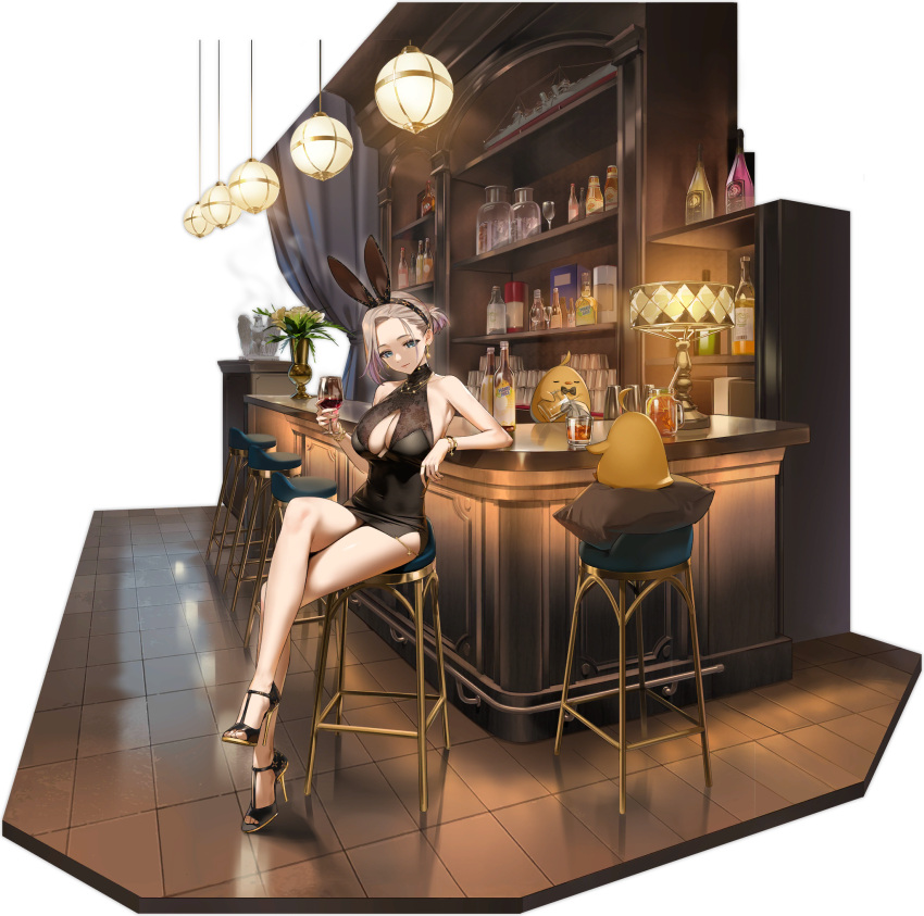 1girl alcohol animal_ears azur_lane blue_eyes bracelet breasts brown_hair cleavage cleavage_cutout clothing_cutout crossed_legs cup drinking_glass high_heels highres holding holding_cup jewelry large_breasts looking_at_viewer manjuu_(azur_lane) new_orleans_(azur_lane) new_orleans_(evening_agricole)_(azur_lane) official_alternate_costume official_art playboy_bunny rabbit_ears sitting smile transparent_background underboob wine wine_glass yd_(orange_maru)